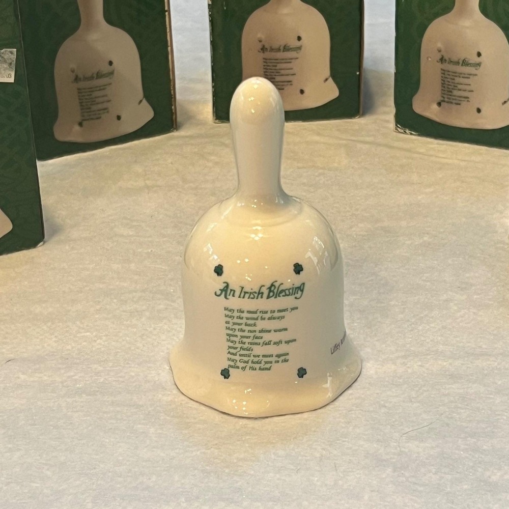 6 Vtg Liffey Artefacts Ireland Ceramic Bell Irish Blessing Shamrock Boxed Gifts